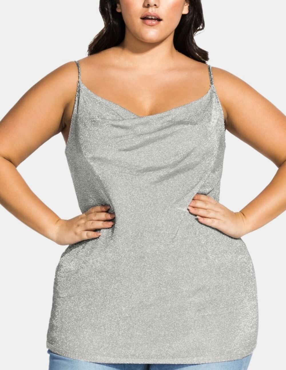 CITY CHIC Tank Top Women's XS / 14 Spaghetti Strap Cowl Neck Silver Metallic NWT